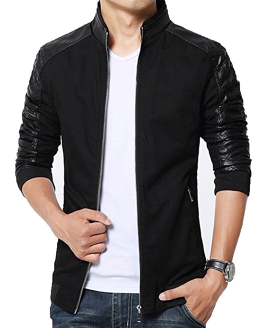 XueYin Men's Slim Fit Cotton Lightweight PU Leather Jacket Outwear