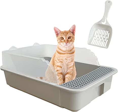 kathson Open Cat Litter Box with High Side,Anti-Splashing Cats Litter Pan,Kitten Toilet with Litter Sifting Scoop,Semi-Enclosed Removable Kittens Litter for Boxes Easy to Clean No Odor-Grey