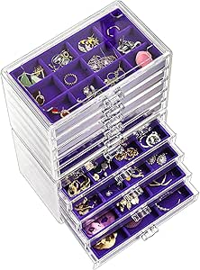 ProCase Earring Holder Organizer Jewelry Box with 10 Drawers, Acrylic Clear Earring Case with Adjustable Velvet Trays for Women - Purple,10 Layers