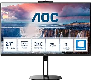 AOC Q27V5CW - 27 Inch QHD monitor, IPS, 75Hz, USB-C Docking, 65W power output, Windows Hello WebCam, LowBlue Light, Speakers (2560 x 1440 @ 75Hz, 300 cd/m², HDMI 1.4, USB-C 65W PD)