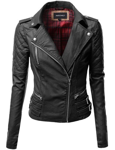 Awesome21 Women's Qulited Sleeve Classic Rider Style Faux Leather Jackets