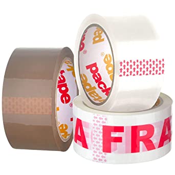 Packatape 3 Rolls General Purpose Packaging Tape - 1 Roll x Brown, 1 Roll x Clear, 1 Roll x Fragile Tape 48mm x 66m