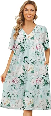 Bloggerlove House Dresses for Women with Pockets Mumu Duster Housecoat Short Sleeve Patio Dress S-3XL