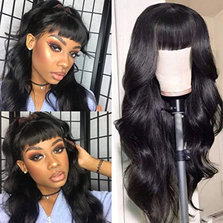 ISEE Hair Lace Front Wigs Brazilian Body Wave Human Hair Wigs for Black Women Pre Plucked Hairline 150% Density Lace Front Wigs with Baby Hair Natural Color (18'', Body Wave With Bangs)