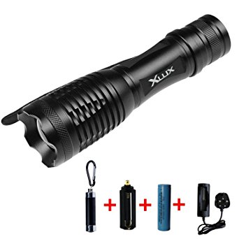 XLUX F60 Tactical Super bright 600 Lumen LED Flashlight Torch, with Rechargeable 18650 Battery, AC Charger and Multi-functional Mini Flashlight