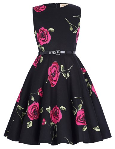 Kate Kasin®Girls Sleeveless Round Neck Vintage Retro Cotton Floral Dresses