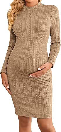 Ekouaer Maternity Dress Rib Knit Mock Turtleneck Long Sleeve Stretchy Bodycon Pregnancy Dresses