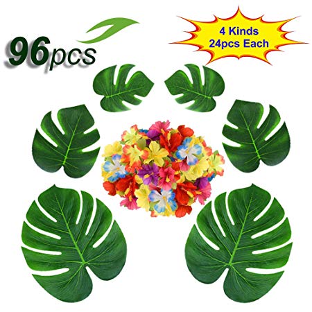 Coodoo 96pcs Tropical Palm Leaves Decorations Jungle Theme Party Supplies Hibiscus Flowers and Artificial Monstera leaf Decor for Hawaiian Aloha Luau Party BBQ Birthday Beach Wedding