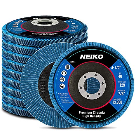 Neiko 11257A High Density Jumbo Premium Zirconia Flap Disc | 4.5" x 7/8-Inch, 40 Grit, Bevel Type #29-10 Pack