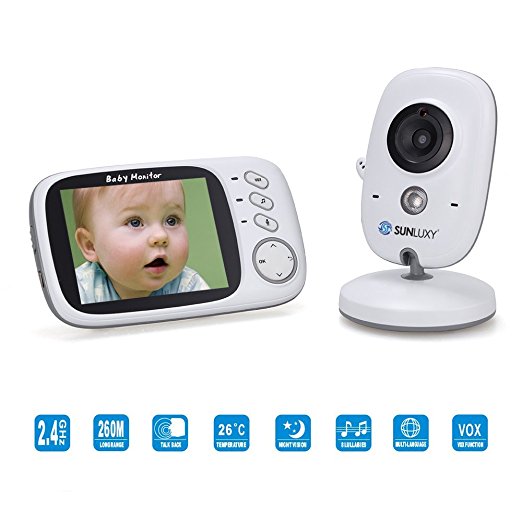SUNLUXY 3.2 inch Color LCD Wireless Digital Audio Video Baby Monitor Security Camera Two Way Talk IR Night View Temperature with Rechargeable Battery