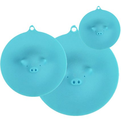 ME.FAN Silicone Cooking Pig Food Storage Suction Lids and Microwave Splatter Screen Plus Bowl Covers 3 Set Blue
