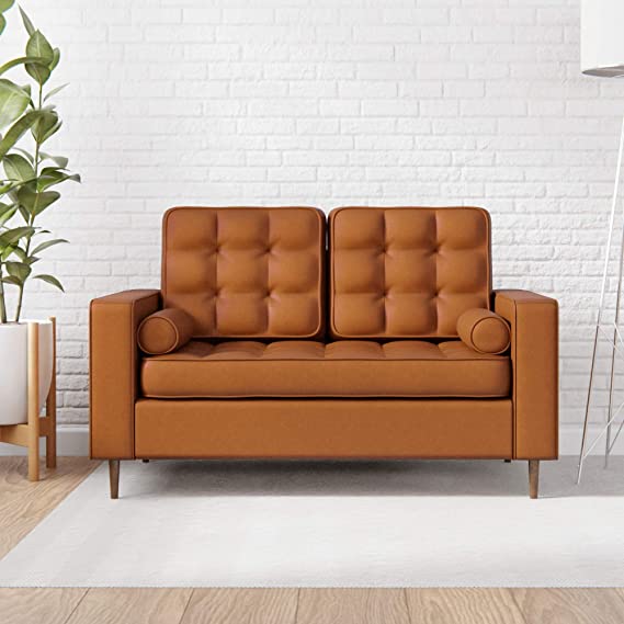 Everlane Home Lynnwood Upholstered Loveseat with Square Arms and Tufting-Bolster Throw Pillows Included, Faux Camel