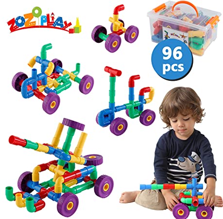 ZoZoplay STEM Learning Toy Tubular Pipes & Spouts & Joints 96 Piece Build Bicycle, Tank, Scootie, Moter Skills Endless Designs Educational Building Blocks Set for Kid Ages 3  Multicolor