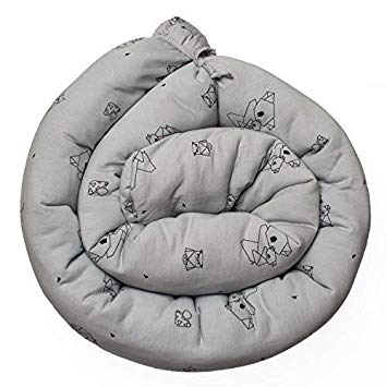 Kookoolon Organic Cotton Padded Liner for Crib and Bed - 79" Snake Pillow with Unique Origami Animals Design for Boys and Girls - for Undisturbed Sleep. Machine Washable, Grey