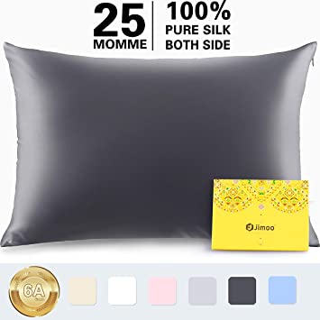J JIMOO Silk Pillowcase for Hair and Skin,100% Pure Mulberry, 25 Momme 900 Thread Count with Hidden Zipper,Soft Smooth Both Sided Silk Pillow Cover-Gift Wrapped (King 20''×36'', Space Gray, 1 Piece)