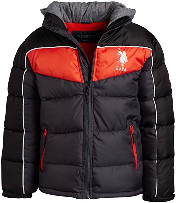 U.S. Polo Assn. Boys Polar Fleece Lined Puffer Jacket with Fleece Hood