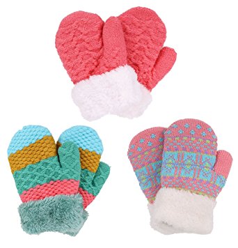 Arctic Paw 3 Pairs Kids' Sherpa Lined Knit Mittens Boys Girls Winter Gloves