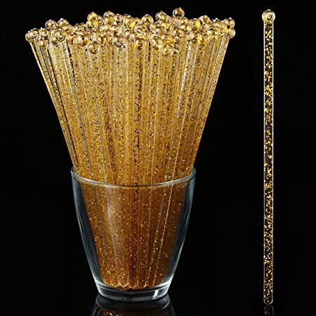 ALINK 125-Pack Gold Glitter Plastic Swizzle Sticks, Crystal Cake Pops, Cocktail Coffee Drink Stirrers, 7.24 Inch