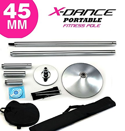 X-Dance (TM) 45 mm Professional Exotic Fitness Removable Pole Dance Stripper with 2 Black Portable Carry Bags Chrome Dancing Spinning Pole