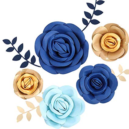Fonder Mols 3D Paper Flowers Decorations for Wall (Navy Blue Gold, Set of 5) for Royal Blue Baby Boy Shower, First Nautical, Shark Birthday Party Photobooth Backdrop(NO DIY)