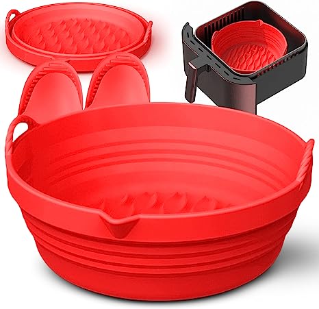 DRAPKIN Silicone Air Fryer Liner, 7.5” With Mitts - Heat Resistant, Reusable Basket Insert Pot Accessory for your Air Fry Oven Tray - Deep Round Pan - Heavy Duty Cooking Accessories