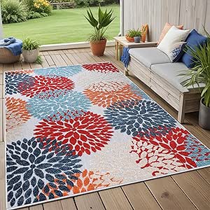 Superior Hydrangea Indoor Outdoor Area Rug, Perfect for Patio, Poolside, Backyard, Playroom, Kitchen, Bedroom, Dining Room, Entryway, Mudroom, Floral Medallion Floor Cover, 5' 6" x 8', Multicolor