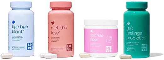 Love Wellness Digestive Health Kit | Bye Bye Bloat, Metabolove, Sparkle Fiber & Gut Feeling | Bloating Relief, Fiber Supplement for Women & Digestive Health probiotic | Safe & Effective