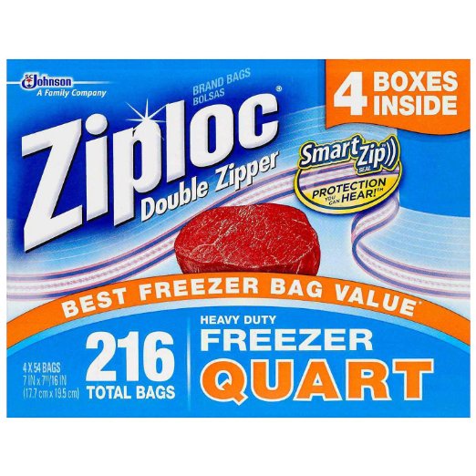 Ziploc Double Zipper Quart Freezer Bags, 216 Count