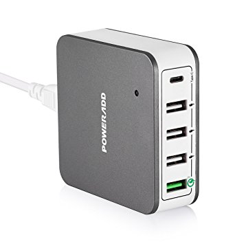 Poweradd Quick Charge 3.0 with USB Type-C Wall charger 5-Port Charging Station, 1 Quick Charge 3.0 Port   1 USB Type-C Port   3 USB Ports with Auto-detect Technology for iPhone, iPad, Samsung and other Android Smart-phones and more.