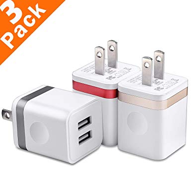 USB Wall Charger Plug, WITPRO Multi-Protection Dual Port Power Adapter Charging Block Compatible iPhone, iPad, LG, Moto Android Cell Phone 3-Pack (Red/Gold/Gray)