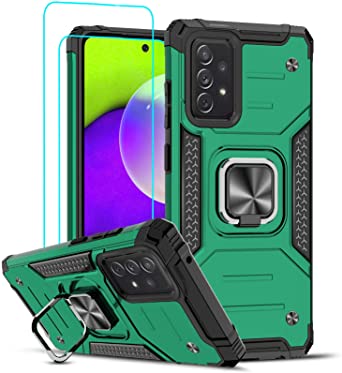 LeYi for Samsung Galaxy A52 5G/A52S Case with 2 Pack Tempered Glass Screen Protector, Kickstand Stand Military Grade Protective Silicone Shockproof Tough Hard Mobile Phone Cover for Samsung Galaxy A52 Green