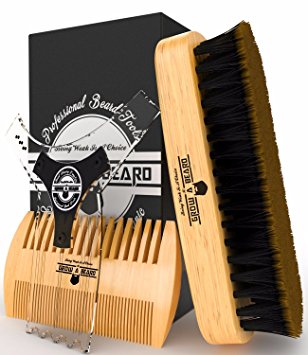 Beard Brush & Mustache Comb Grooming Kit - Plus Facial Hair & Goatee Shaping Tool Template - Friendly Gift Box & Cotton Bag - Best Set Ever For Styling & Maintenance - Ideal for Home and Travel.
