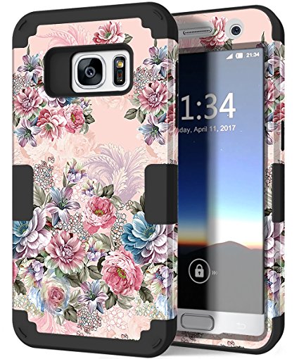 Galaxy S7 Case, Hocase Drop Protection Shock Absorbing Silicone Rubber Bumper Hard Shell Hybrid Dual Layer Full-Body Protective Phone Case for Samsung Galaxy S7 (2016) - Peony Floral Print / Black