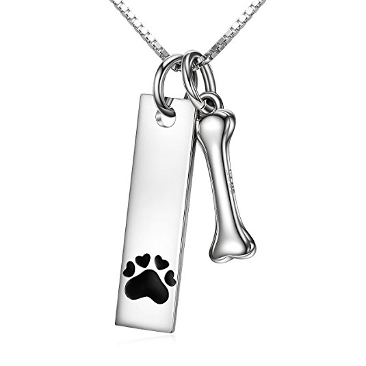 Sterling Silver Two Tone Charms Dog Paw and Bone Pendant Necklace Engraved Always in My Heart