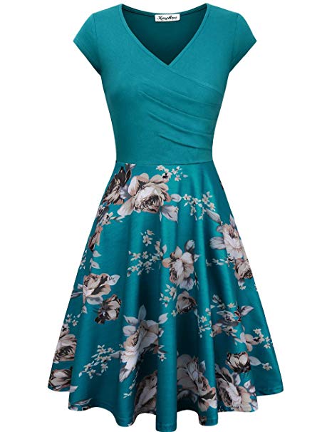 KASCLINO Women's Floral Printed Dress, A Line Cap Sleeve V-Neck Elegant Dress with Pockets Cocktail Party Dress