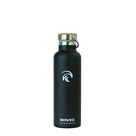 Waves Gear Dual Pane Stainless Steel Insulated Water Bottle, 24 Hours Cold, 12 Hours Hot with Bamboo Cap