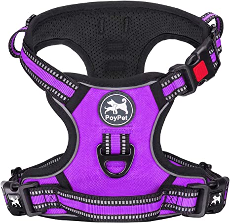 PoyPet No Pull Dog Harness, [Release at Neck] Reflective Adjustable No Choke Pet Vest with Front & Back 2 Leash Attachments, Soft Control Training Handle for Small Medium Large Dogs