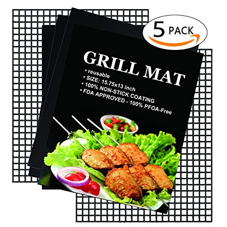 BBQ Grill Mat & Mesh Mat Set of 5,Non-Stick Teflon Cooking Grilling Sheet Liner Fish Vegetable Smoker Grill Mats,Reusable and Easy to Clean-Works on Gas,Charcoal,Electric Barbecue 15.75x13in