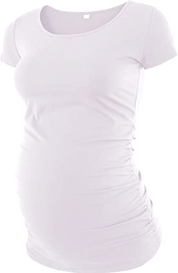 Love2Mi Womens Mama Maternity Tunic Tops Side Ruched T-Shirt Short Sleeve Fitted Pregnancy Clothes