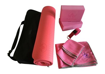 Clever Yoga Kit 7 Piece Essentials Beginners Bundle Including Ultra Thick Mat, 2 Blocks, 8 Foot Yoga Strap, Hand Towel, Large Mat Towel and Extra Large Carrying Bag (Multiple Colors)