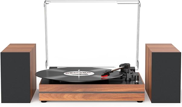 Record Player for Vinyl with External Speakers, Belt-Drive Turntable with Dual Stereo Speakers Vintage Vinyl LP Player Support 3 Speed Wireless AUX Headphone Input Auto Stop Wood Walnut Red