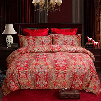 Softta Boho Bedding California King 3 Pcs Paisley Damask Pattern Bohemian Duvet Covers Quality red and Gold 100% Egyptian Cotton 1000 Thread Count Super Soft Hypoallergenic