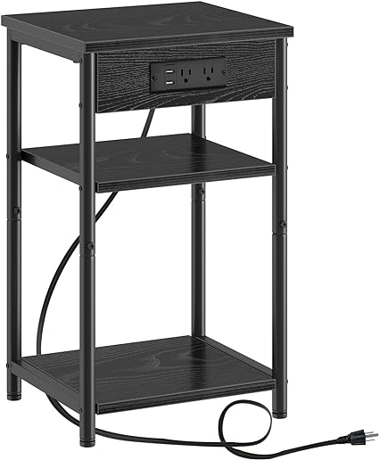 Rolanstar End Table with Charging Station, 3 Tier Slim Nightstand with Storage Shelf, Narrow Side Table with USB Ports & Power Outlets, Steel Frame for Living Room, Bedroom, Black