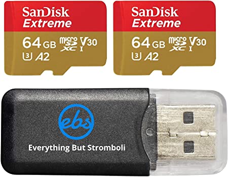 SanDisk Micro Extreme 64GB Memory Card (Two Pack) for DJI Air 2S Drone (SDSQXA2-064G-GN6MN) Bundle with (1) Everything But Stromboli MicroSD Card Reader