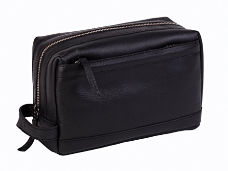 Dwellbee Premium Top Grain Leather Toiletry Bag and Dopp Kit with TSA Approved LokSak Waterproof Bag (Buffalo Leather, Black)