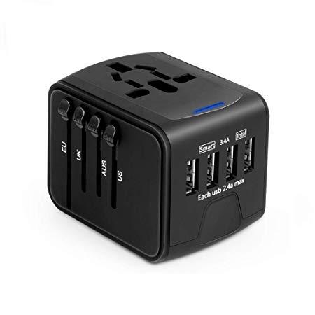 Travel Adapter,AMDISI Universal Travel Adapter,4 x Power Types, 4x USB Ports, Worldwide Adapter With US/AUS/UK/EU Plug,Works in 150 Countries(Black)