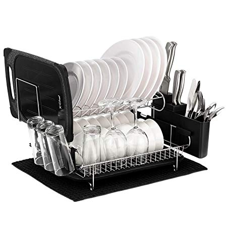 X-Chef 2 Tier Dish Drying Rack, 304 Stainless Steel Large Dish Rack with Drainboard and Microfiber Mat, Dish Drainer for Kitchen Counter, Dish Holder Dryer Rack, Customizable