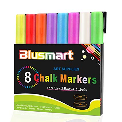 Chalk Markers, Blusmart 8 pack Colorful Erasable Glass Window Pens with 40 Chalkboard Labels, 3mm Reversible Tips, Children Friendly