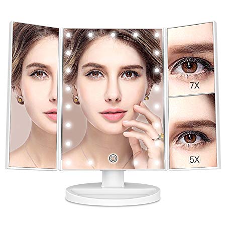 MayBeau Makeup Mirror with Lights, 7X/5X Magnification Vanity Mirror with 21 LED Lights, 180° Rotation Trifold Touch Screen Cosmetic Mirrors and Dual Power Supply