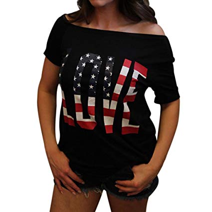 Hot ! Women Print American Flag Blouse, Ninasill Beautiful Off Shoulder Short Sleeve Tops Blouse T-Shirt